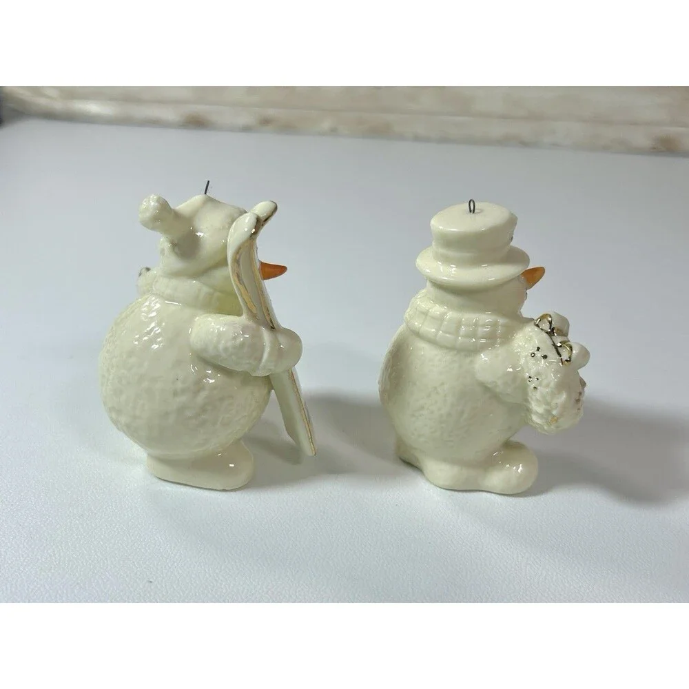 Vtg Porcelain Jade Snowman Ornaments Set Of 2 Ski Broom White Gold Color Accent
